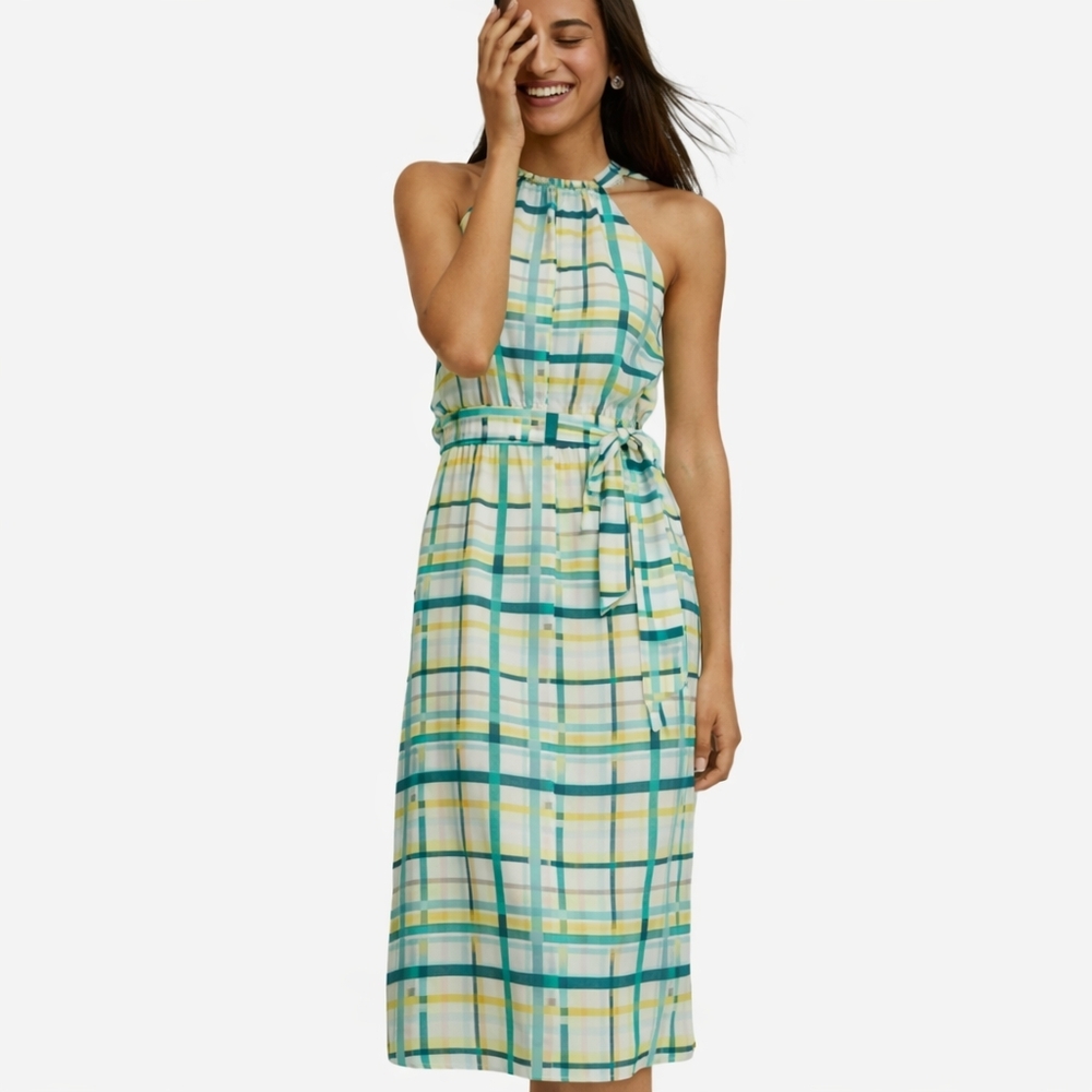 Ann Taylor Green, Yellow and White Lined Plaid Midi Dress